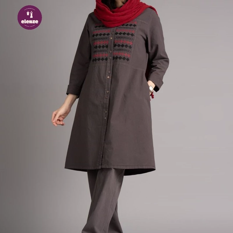 مانتو بلند دانشجویی دکمه دار الیاف طبیعی فرانک