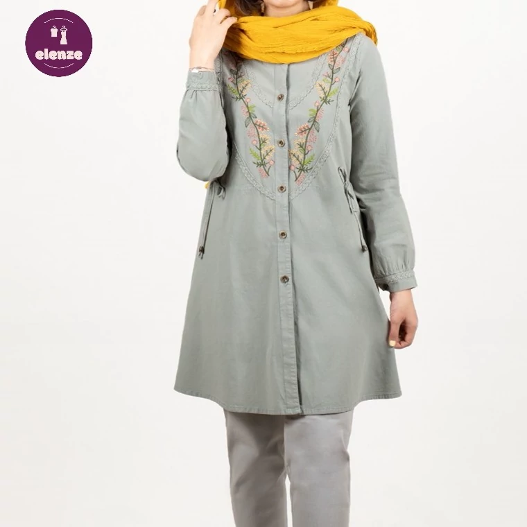 مانتو الیاف طبیعی گلدوزی اسپرت دانشجویی مدل دیبا