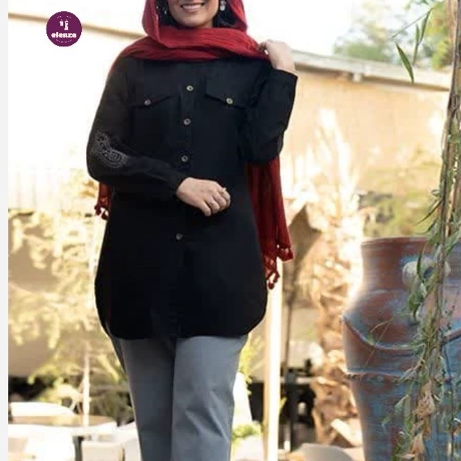 مانتو مشکی نخی الیاف طبیعی گلدوزی شده چیکا