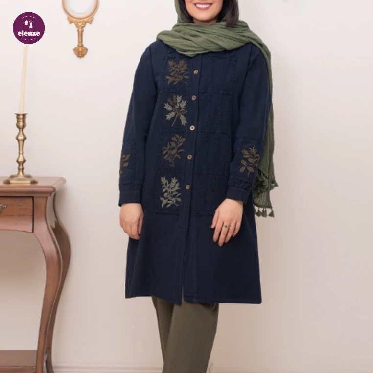 مانتو زنانه بلند دانشجویی نخی گلدوزی مدل شبدر